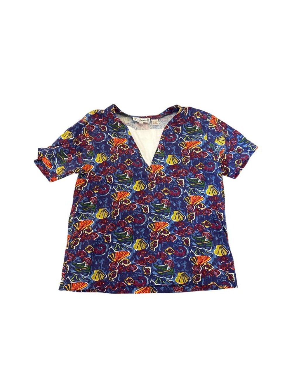 VTG Bechamel Top T-Shirt M Womens V-Neck Tropical Fish 100% Cotton Colorful